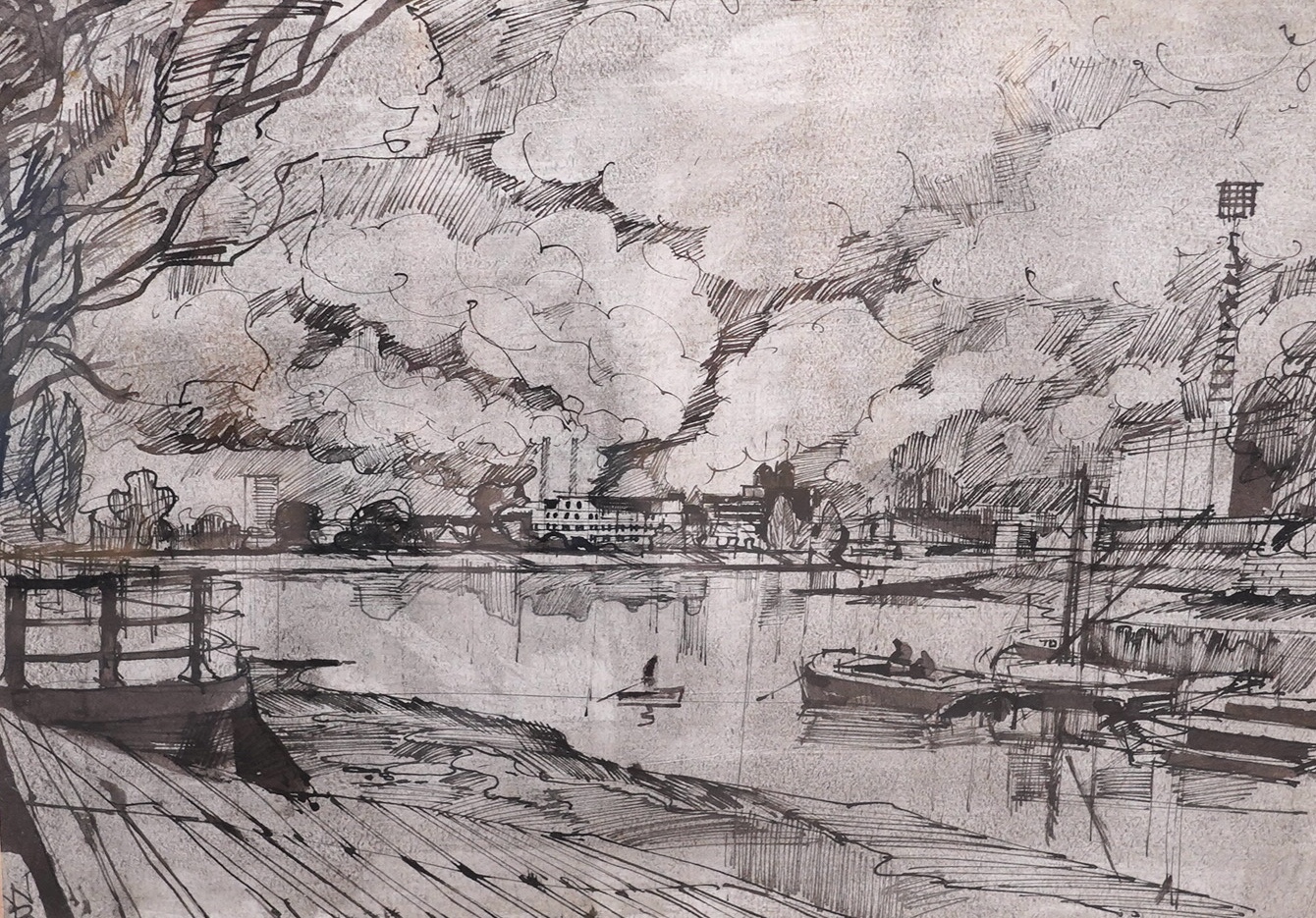 W.B, monochrome ink sketch, River landscape, signed with initials, 25 x 32cm. Condition - fair